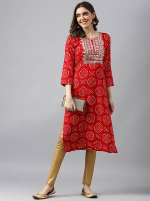 red women bandhani printed straight kurta 3