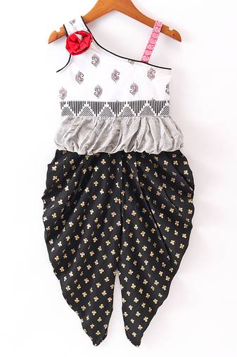Twisha Girls Self Design Top & Printed Dhoti Pants - White & Black