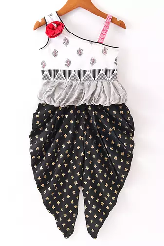 Twisha Girls Self Design Top & Printed Dhoti Pants - White & Black