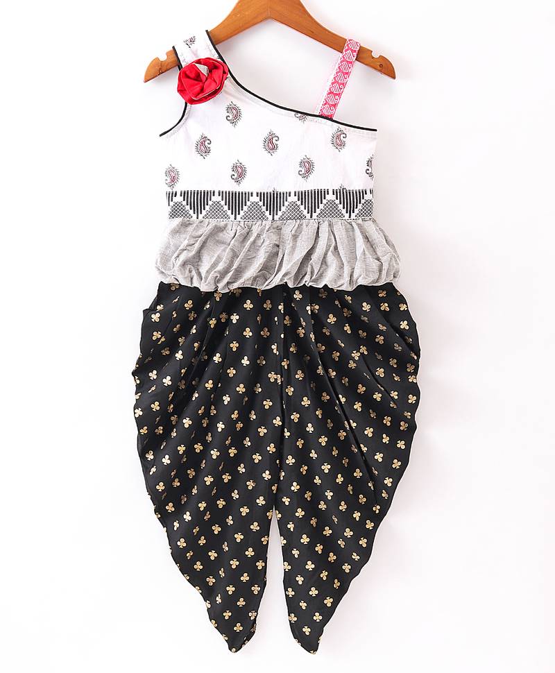 Twisha Girls Self Design Top & Printed Dhoti Pants - White & Black