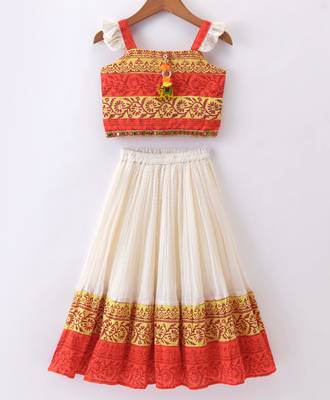 girls orange printed top with off-white ghagra 2