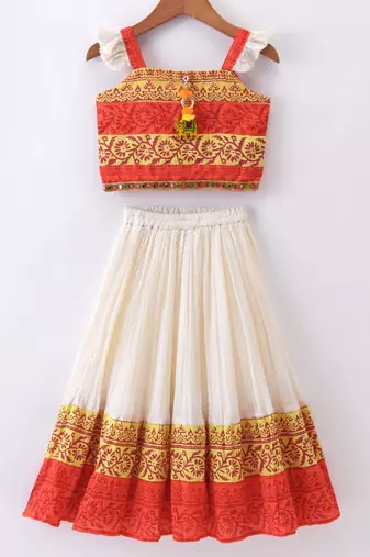 Twisha Girls Printed Top & Ghagra - Orange & Off White