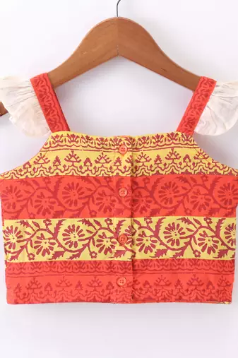 girls orange printed top with off-white ghagra
