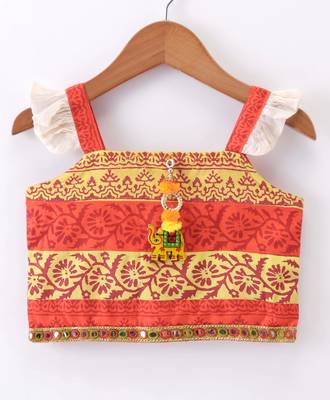 girls orange printed top with off-white ghagra 4