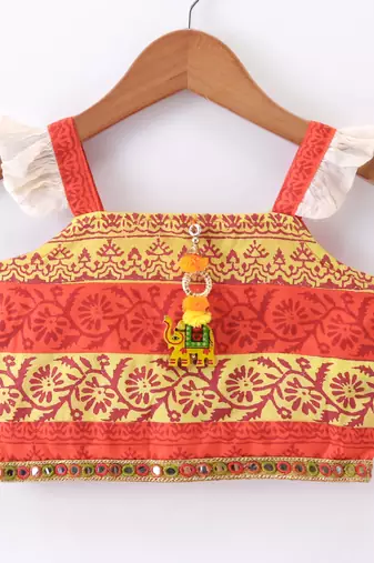 girls orange printed top with off-white ghagra