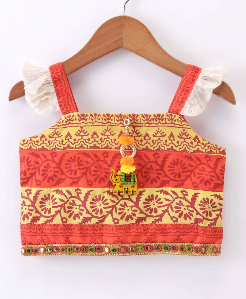 girls orange printed top with off-white ghagra