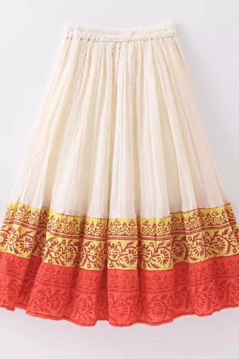 girls orange printed top with off-white ghagra