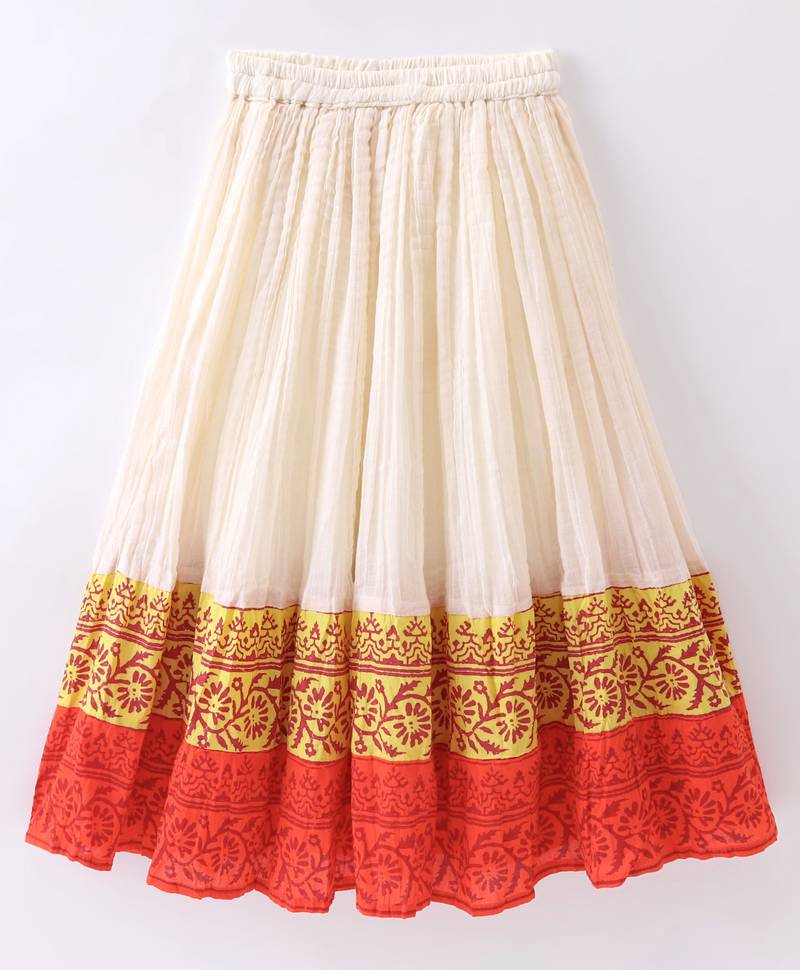 girls orange printed top with off-white ghagra
