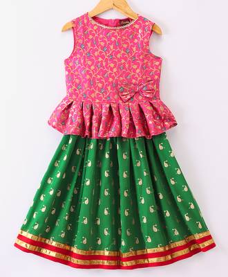 girls pink peplum top with green printed ghagra 1