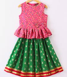 girls pink peplum top with green printed ghagra