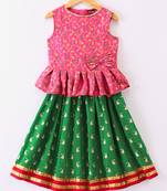 girls pink peplum top with green printed ghagra