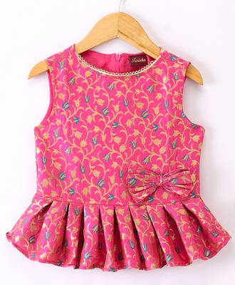 girls pink peplum top with green printed ghagra 2