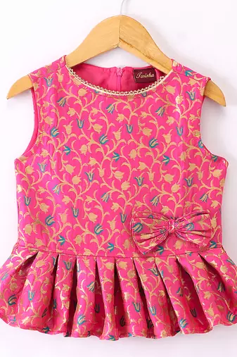 girls pink peplum top with green printed ghagra