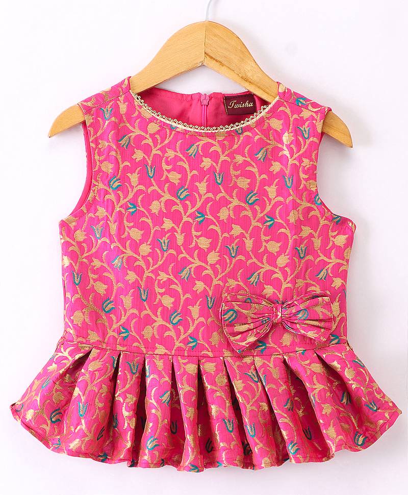 girls pink peplum top with green printed ghagra