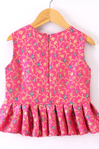 girls pink peplum top with green printed ghagra