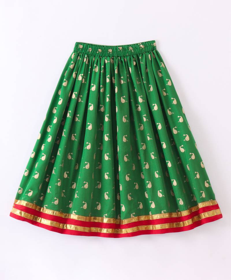 girls pink peplum top with green printed ghagra