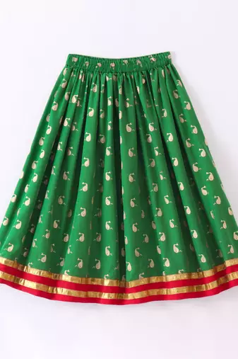girls pink peplum top with green printed ghagra