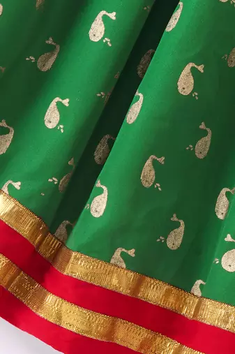 girls pink peplum top with green printed ghagra
