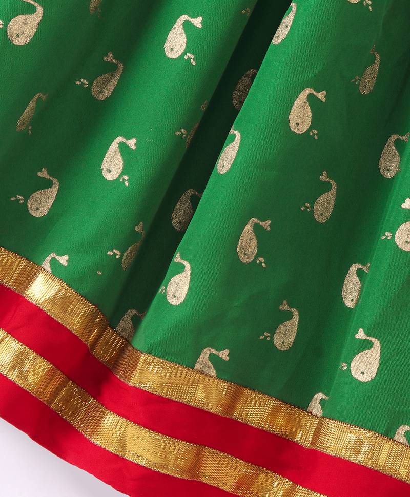 girls pink peplum top with green printed ghagra