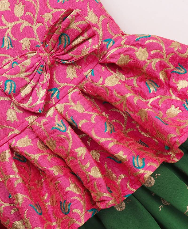 girls pink peplum top with green printed ghagra