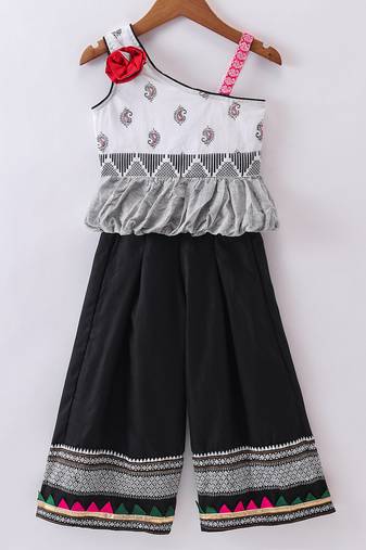 Twisha Girls One Shoulder Self Design Top & Palazzo - White & Black