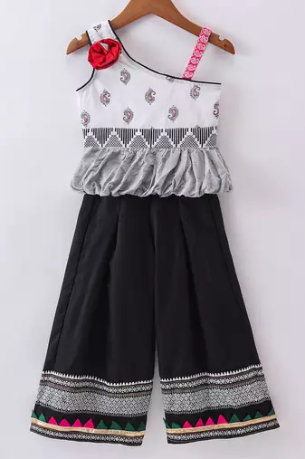Twisha Girls One Shoulder Self Design Top & Palazzo - White & Black