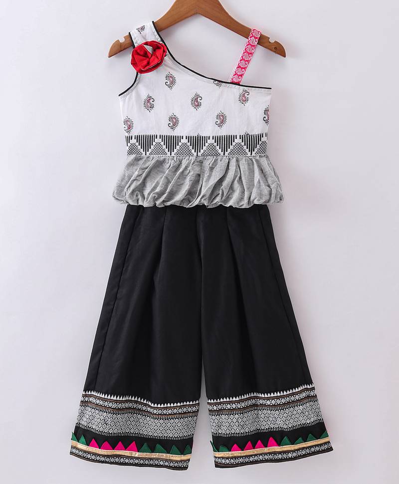 Twisha Girls One Shoulder Self Design Top & Palazzo - White & Black