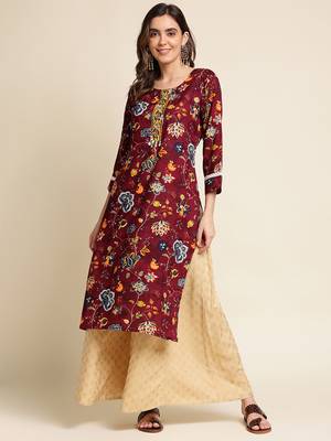 wine women floral printed straight kurta 1