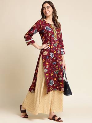 wine women floral printed straight kurta 3