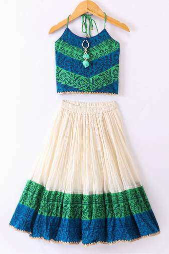Twisha Girls Printed Top & Ghagra - Blue & Off White