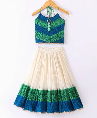 Twisha Girls Printed Top & Ghagra - Blue & Off White 1