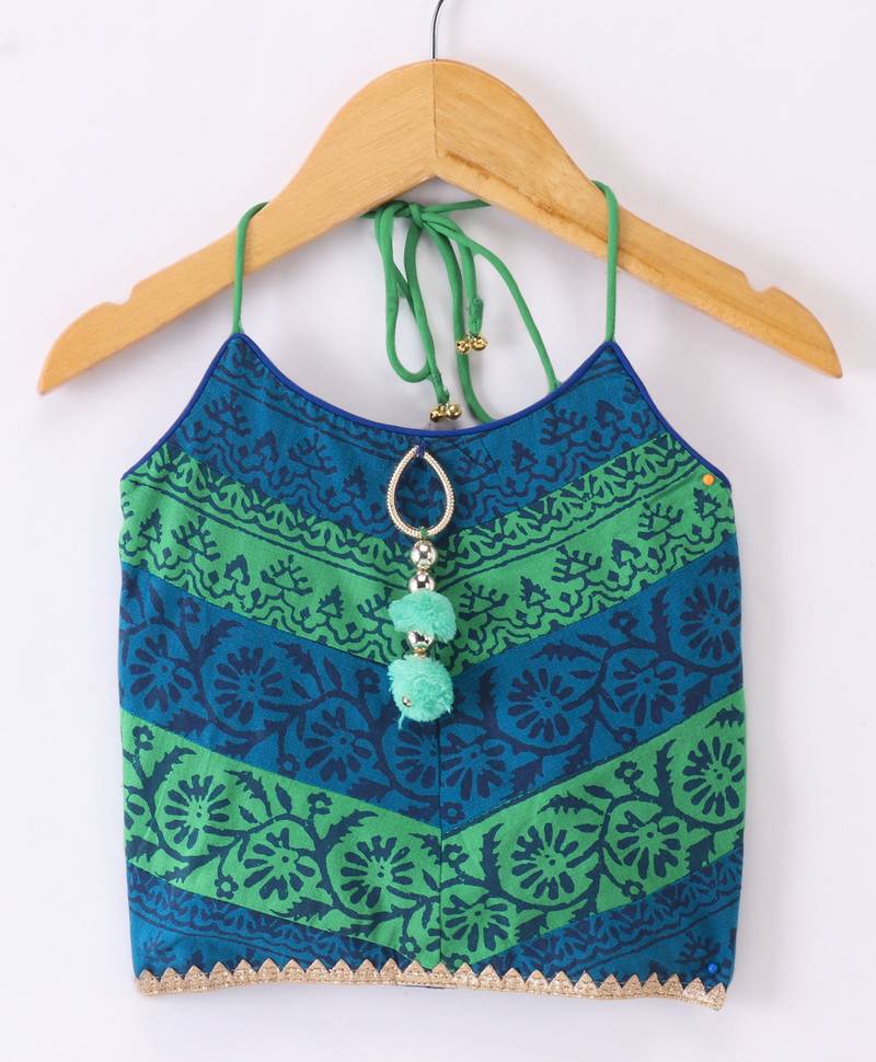 Twisha Girls Printed Top & Ghagra - Blue & Off White