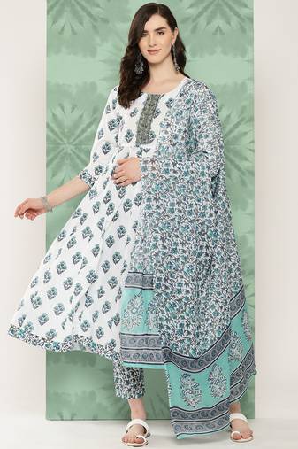 Yufta women ethnic motifs printed regular pure cotton kurta with trousers & with dupatta
