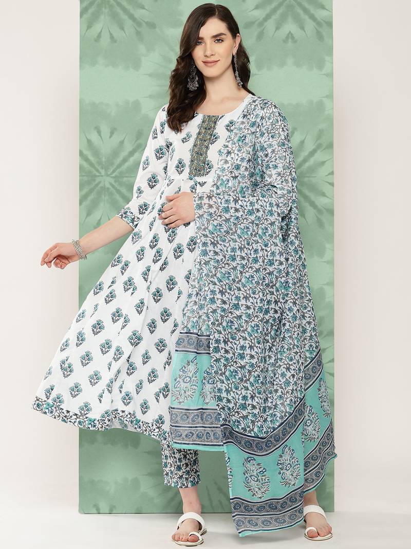 Yufta women ethnic motifs printed regular pure cotton kurta with trousers & with dupatta