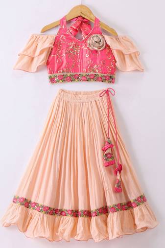 Twisha Girls Halter Neck Top & Ghagra - Coral & Peach