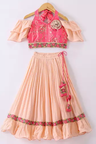 Twisha Girls Halter Neck Top & Ghagra - Coral & Peach