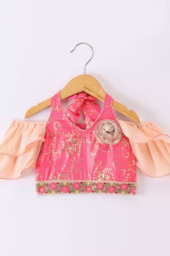 Twisha Girls Halter Neck Top & Ghagra - Coral & Peach