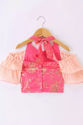 Twisha Girls Halter Neck Top & Ghagra - Coral & Peach