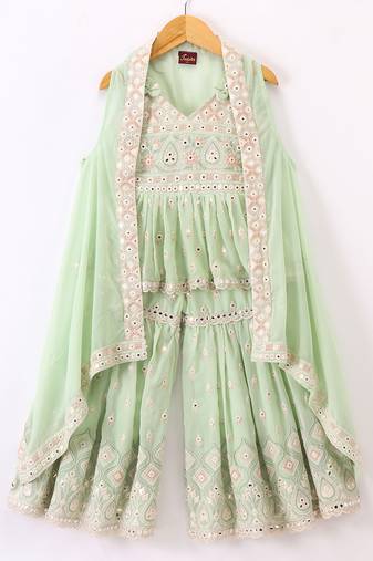 Twisha Girls Mirror Worked Top & Sharara With Long Shrug - Pastel Green