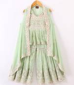 Twisha Girls Mirror Worked Top & Sharara With Long Shrug - Pastel Green
