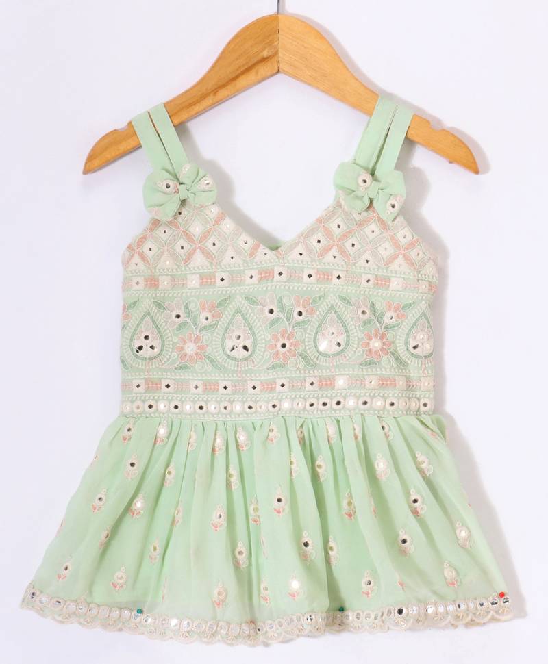 Twisha Girls Mirror Worked Top & Sharara With Long Shrug - Pastel Green