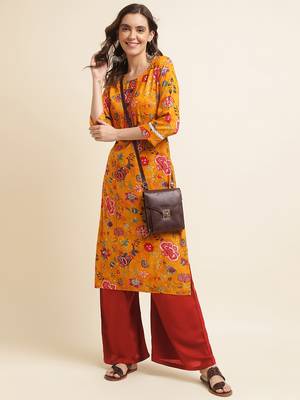 yellow  women floral printed straight kurta 3