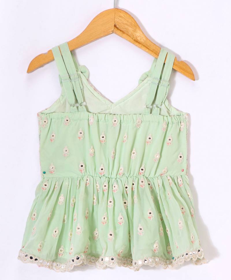 Twisha Girls Mirror Worked Top & Sharara With Long Shrug - Pastel Green