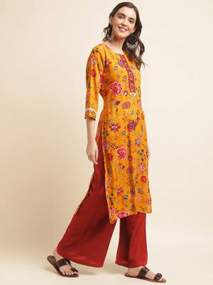 yellow  women floral printed straight kurta 4