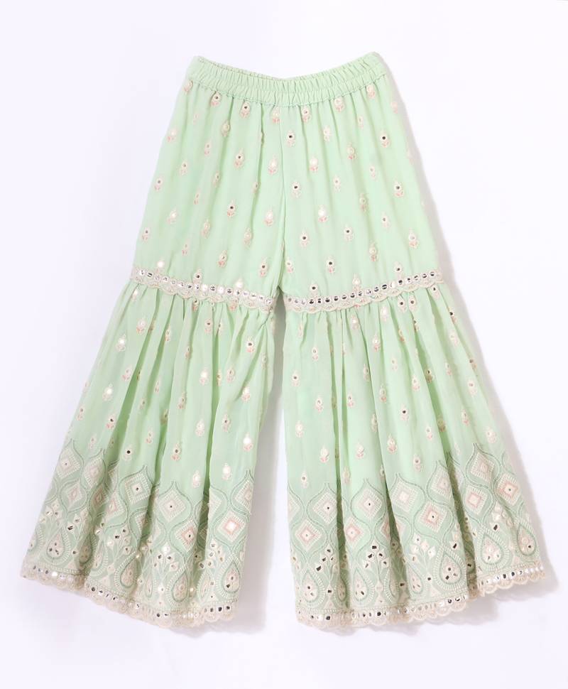 Twisha Girls Mirror Worked Top & Sharara With Long Shrug - Pastel Green