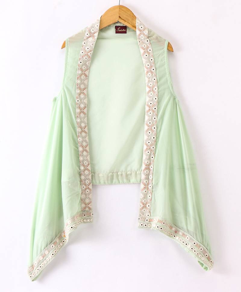 Twisha Girls Mirror Worked Top & Sharara With Long Shrug - Pastel Green