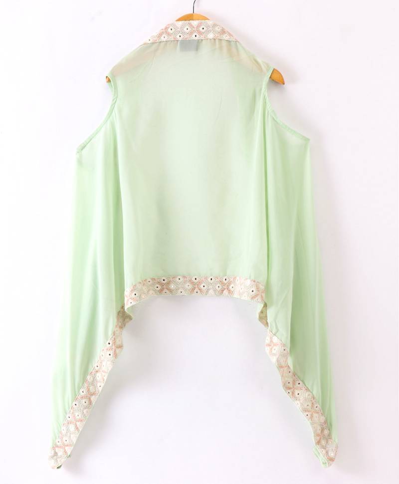 Twisha Girls Mirror Worked Top & Sharara With Long Shrug - Pastel Green