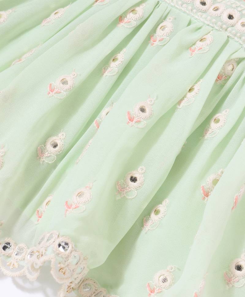 Twisha Girls Mirror Worked Top & Sharara With Long Shrug - Pastel Green