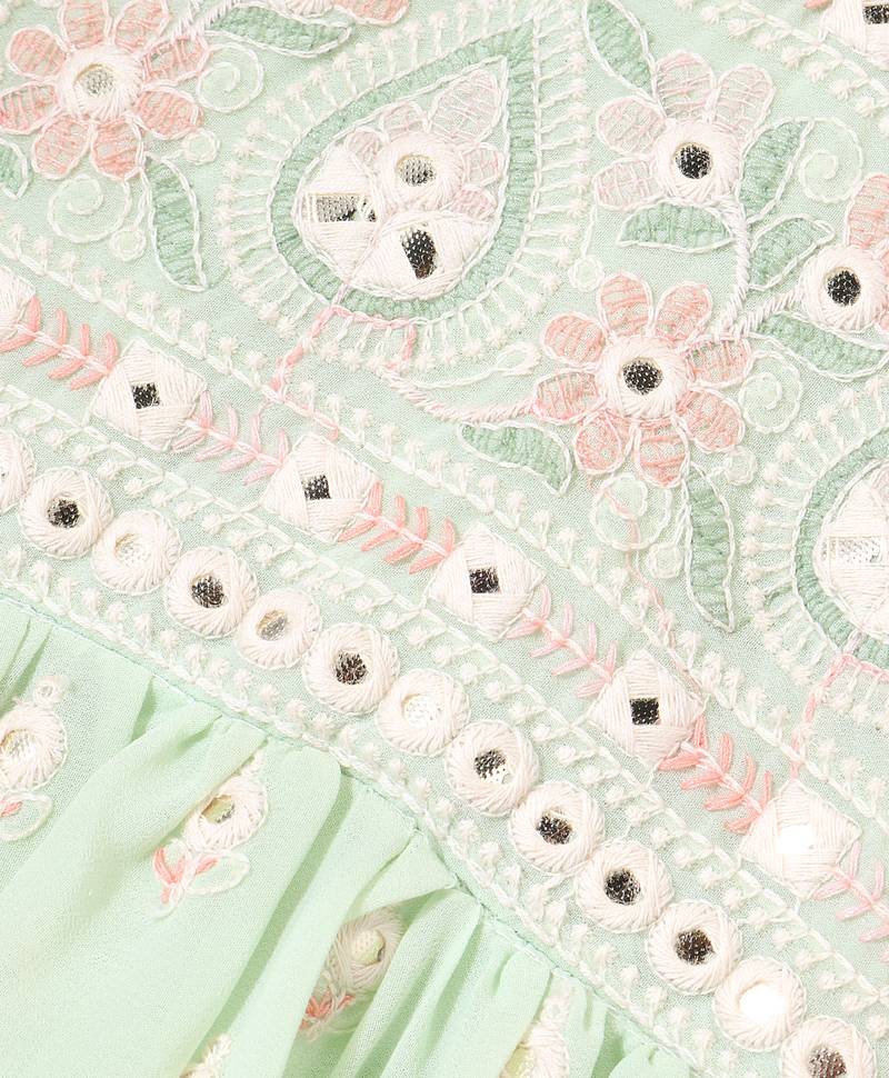 Twisha Girls Mirror Worked Top & Sharara With Long Shrug - Pastel Green
