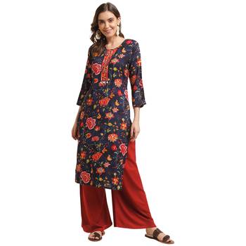 navy-blue women floral printed straight kurta 1